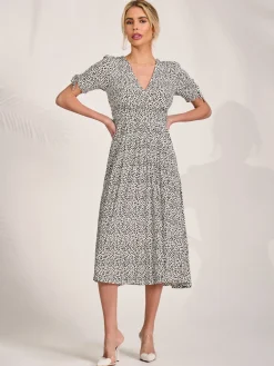 Jolie Moi Occasion Dresses|Midi Dresses-Jersey Tie Sleeve Wrap Front Midi Dress, White Polka