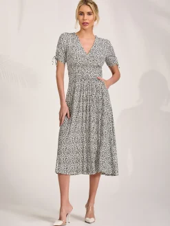 Jolie Moi Occasion Dresses|Midi Dresses-Jersey Tie Sleeve Wrap Front Midi Dress, White Polka