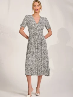 Jolie Moi Occasion Dresses|Midi Dresses-Jersey Tie Sleeve Wrap Front Midi Dress, White Polka