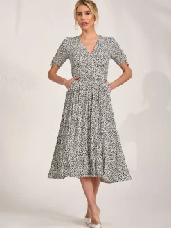 Jolie Moi Occasion Dresses|Midi Dresses-Jersey Tie Sleeve Wrap Front Midi Dress, White Polka