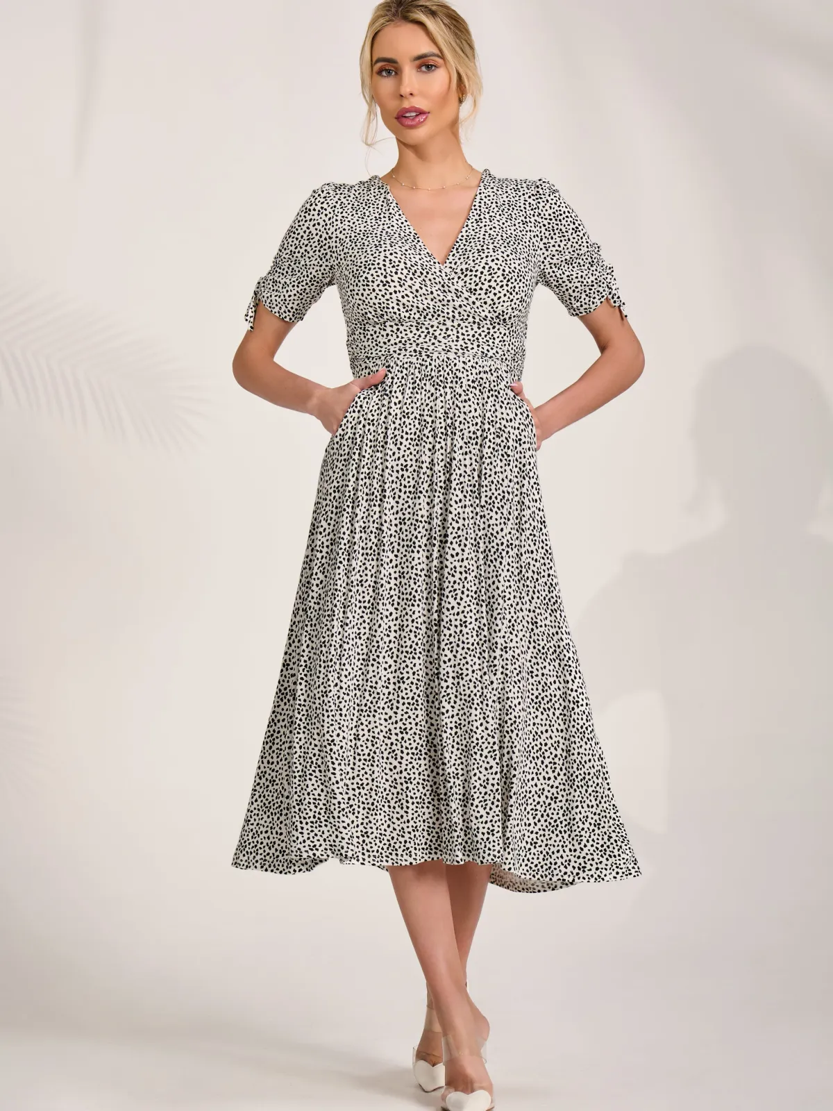 Jolie Moi Occasion Dresses|Midi Dresses-Jersey Tie Sleeve Wrap Front Midi Dress, White Polka