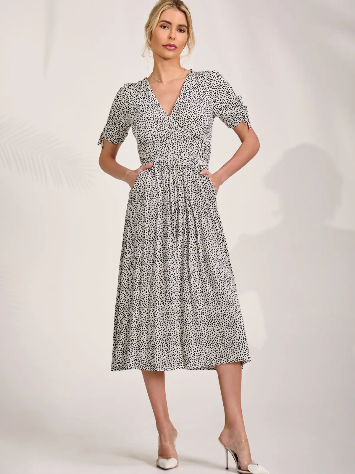 Jolie Moi Occasion Dresses|Midi Dresses-Jersey Tie Sleeve Wrap Front Midi Dress, White Polka