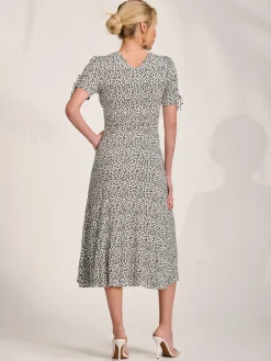 Jolie Moi Occasion Dresses|Midi Dresses-Jersey Tie Sleeve Wrap Front Midi Dress, White Polka