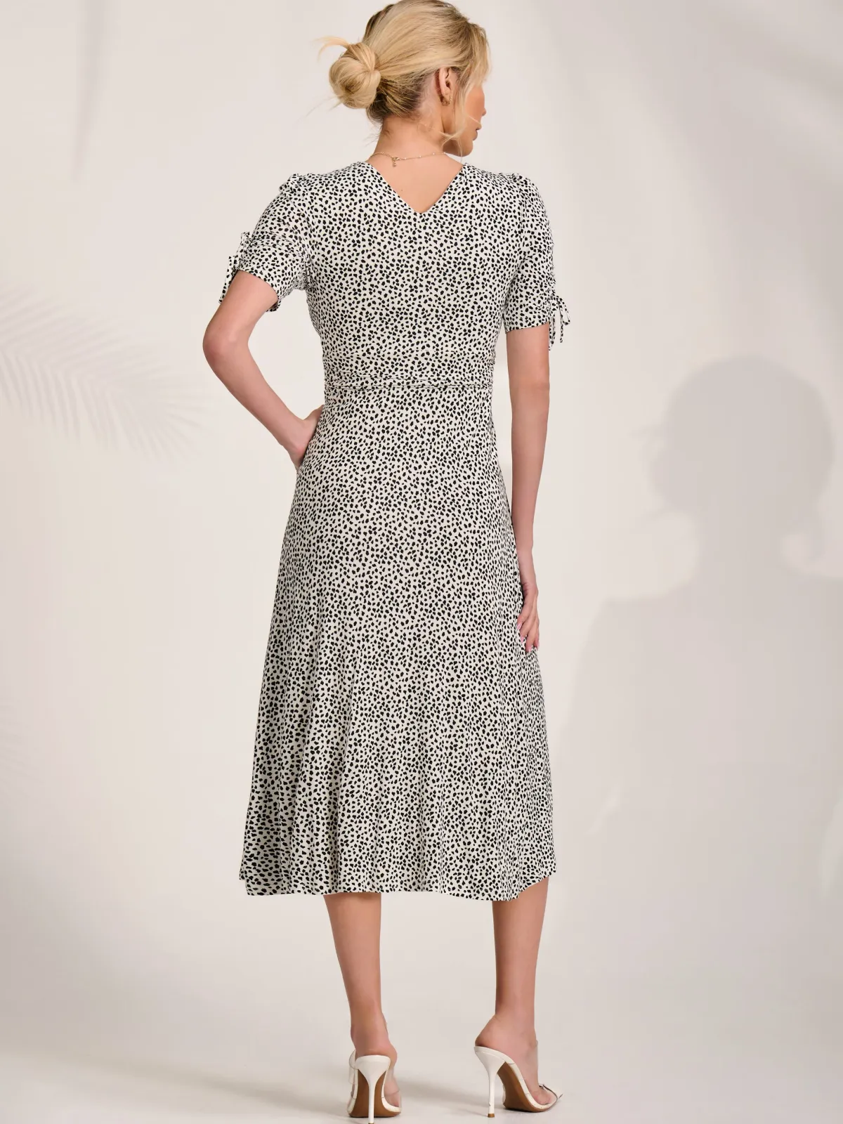 Jolie Moi Occasion Dresses|Midi Dresses-Jersey Tie Sleeve Wrap Front Midi Dress, White Polka