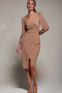 Jolie Moi Occasion Dresses|Jersey Dresses-Jersey Wrap Slit Pencil Dress, Black Spot
