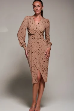 Jolie Moi Occasion Dresses|Jersey Dresses-Jersey Wrap Slit Pencil Dress, Black Spot