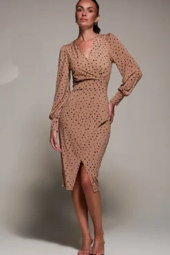 Jolie Moi Occasion Dresses|Jersey Dresses-Jersey Wrap Slit Pencil Dress, Black Spot
