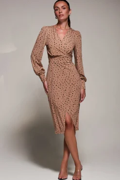 Jolie Moi Occasion Dresses|Jersey Dresses-Jersey Wrap Slit Pencil Dress, Black Spot