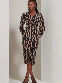 Jolie Moi Occasion Dresses|Jersey Dresses-Jersey Wrap Slit Pencil Dress, Brown Pattern