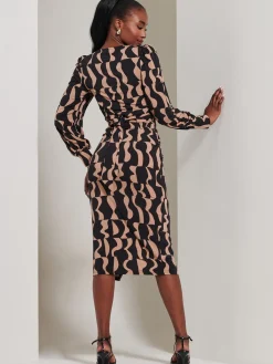 Jolie Moi Occasion Dresses|Jersey Dresses-Jersey Wrap Slit Pencil Dress, Brown Pattern