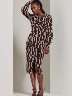 Jolie Moi Occasion Dresses|Jersey Dresses-Jersey Wrap Slit Pencil Dress, Brown Pattern