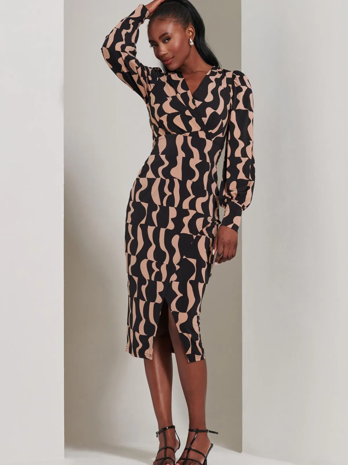Jolie Moi Occasion Dresses|Jersey Dresses-Jersey Wrap Slit Pencil Dress, Brown Pattern
