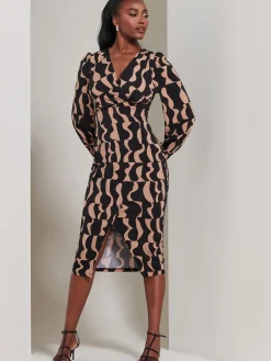 Jolie Moi Occasion Dresses|Jersey Dresses-Jersey Wrap Slit Pencil Dress, Brown Pattern