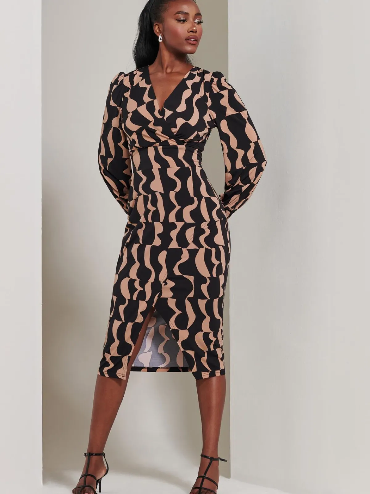 Jolie Moi Occasion Dresses|Jersey Dresses-Jersey Wrap Slit Pencil Dress, Brown Pattern