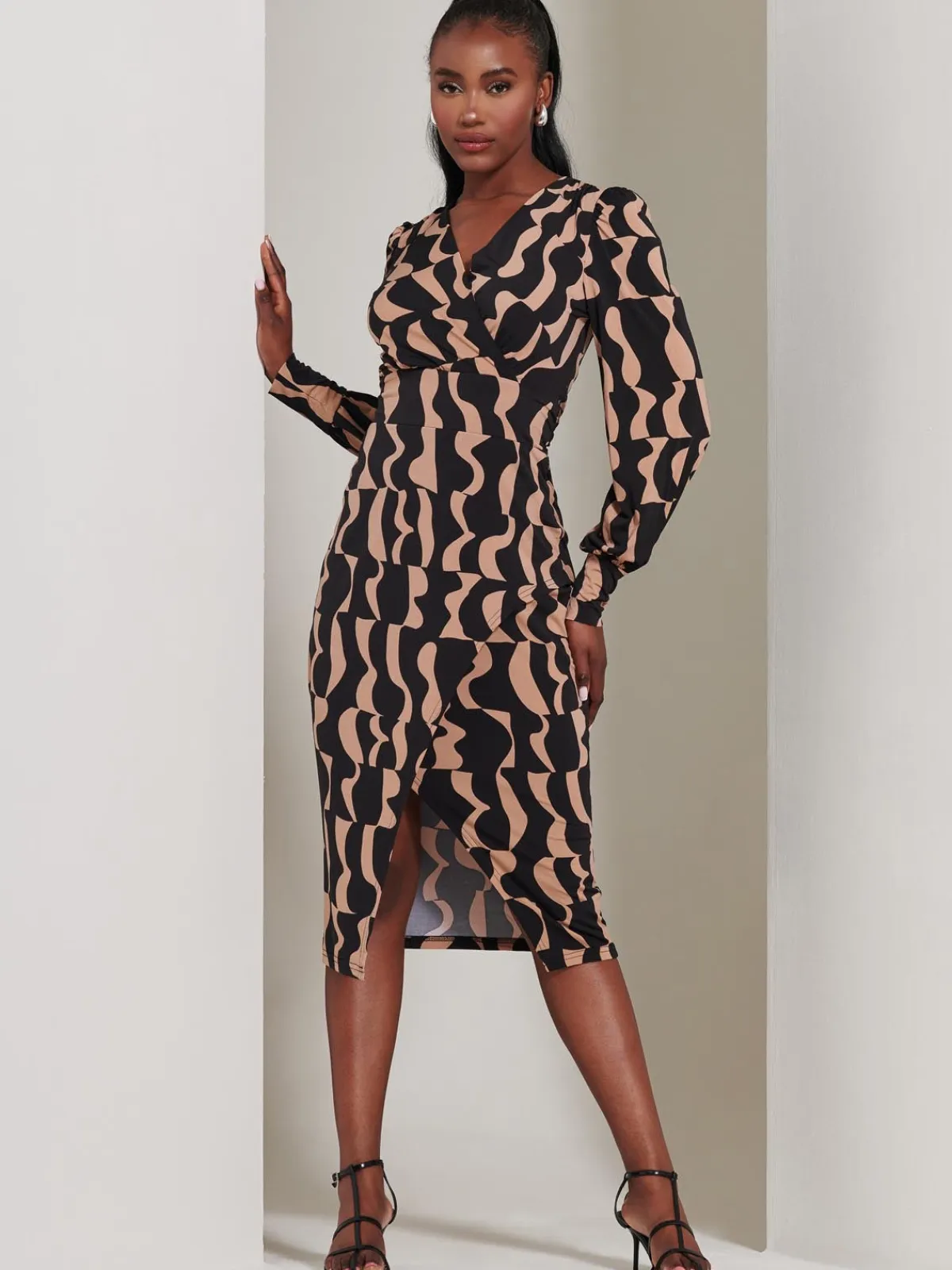 Jolie Moi Occasion Dresses|Jersey Dresses-Jersey Wrap Slit Pencil Dress, Brown Pattern