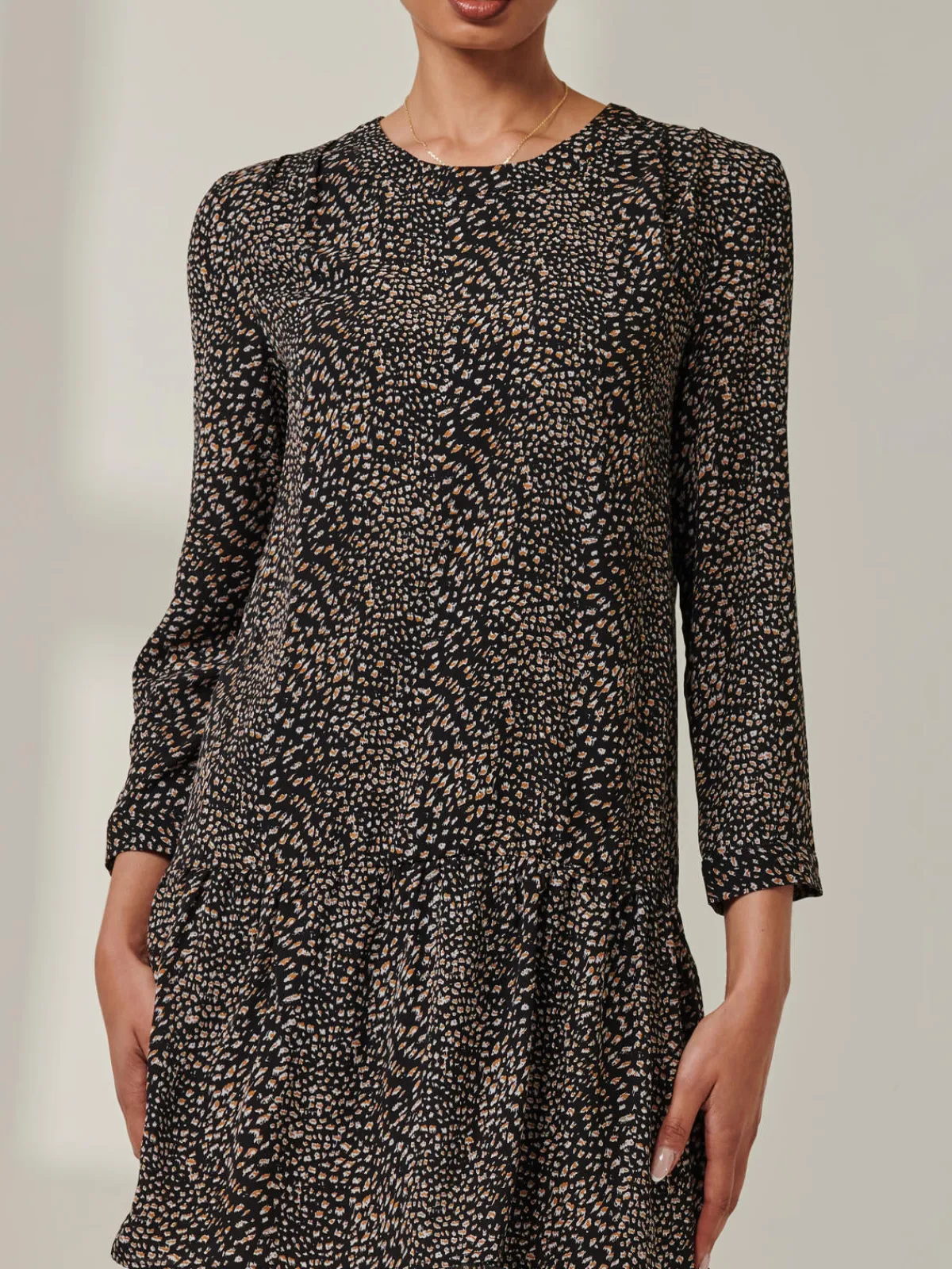 Jolie Moi Occasion Dresses|Office Dresses-Jolene Tiered Hem Tunic Dress, Black Animal