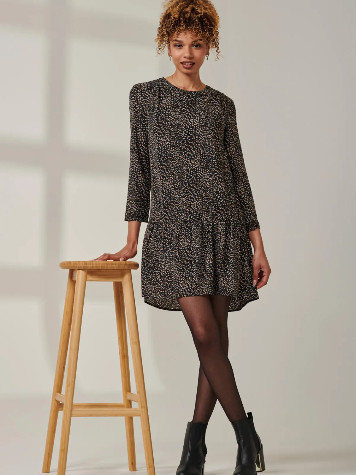 Jolie Moi Occasion Dresses|Office Dresses-Jolene Tiered Hem Tunic Dress, Black Animal