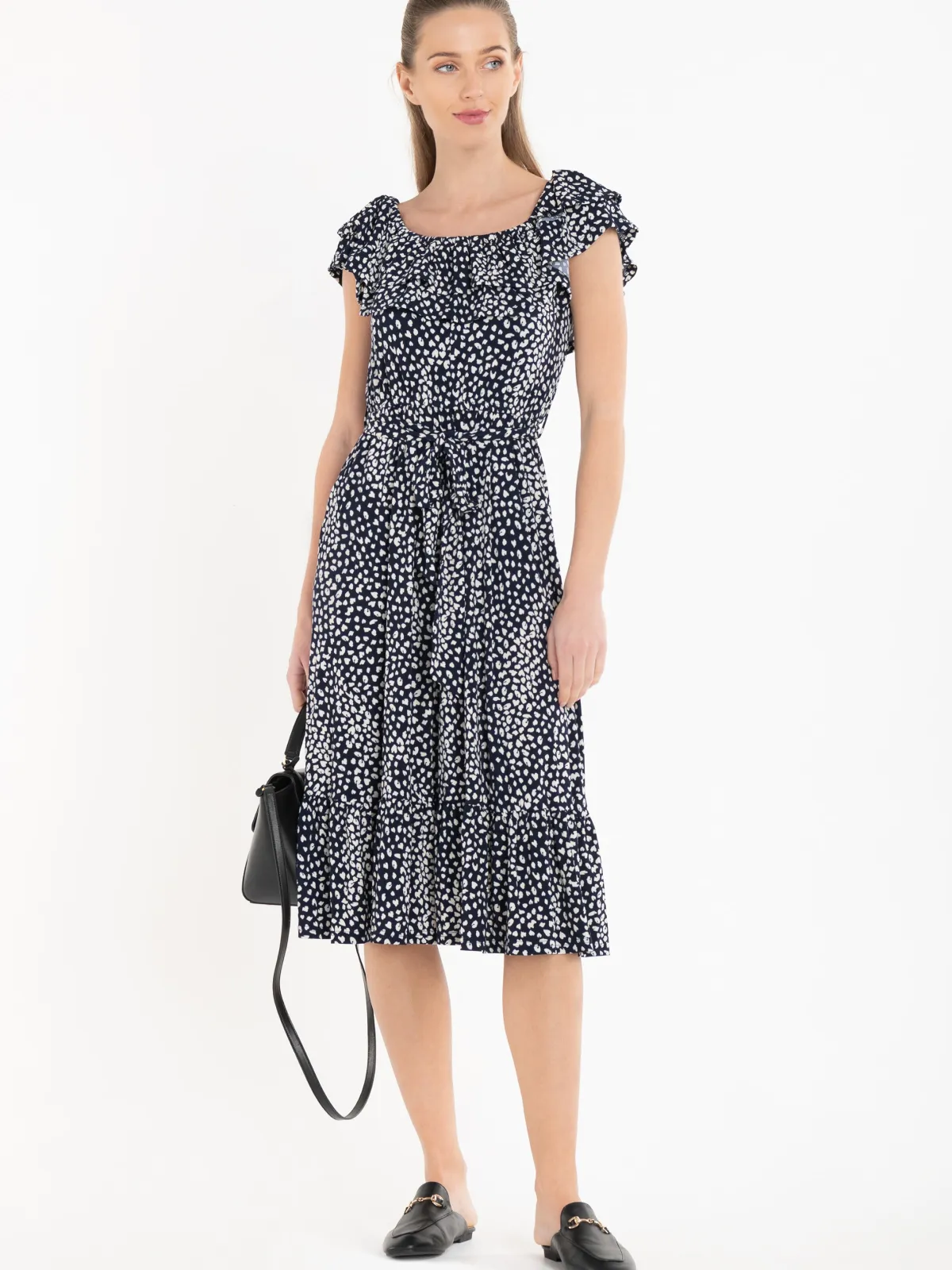 Jolie Moi Occasion Dresses|Jersey Dresses-Abstract Spot Ruffle Midi Dress, Navy Animal