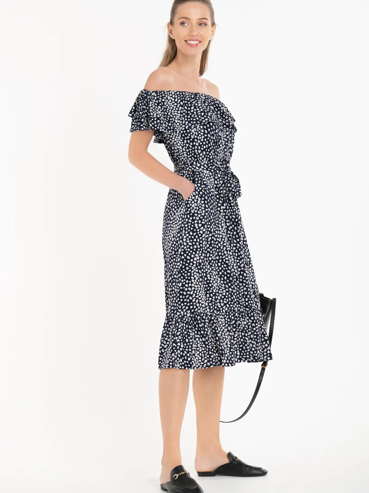 Jolie Moi Occasion Dresses|Jersey Dresses-Abstract Spot Ruffle Midi Dress, Navy Animal