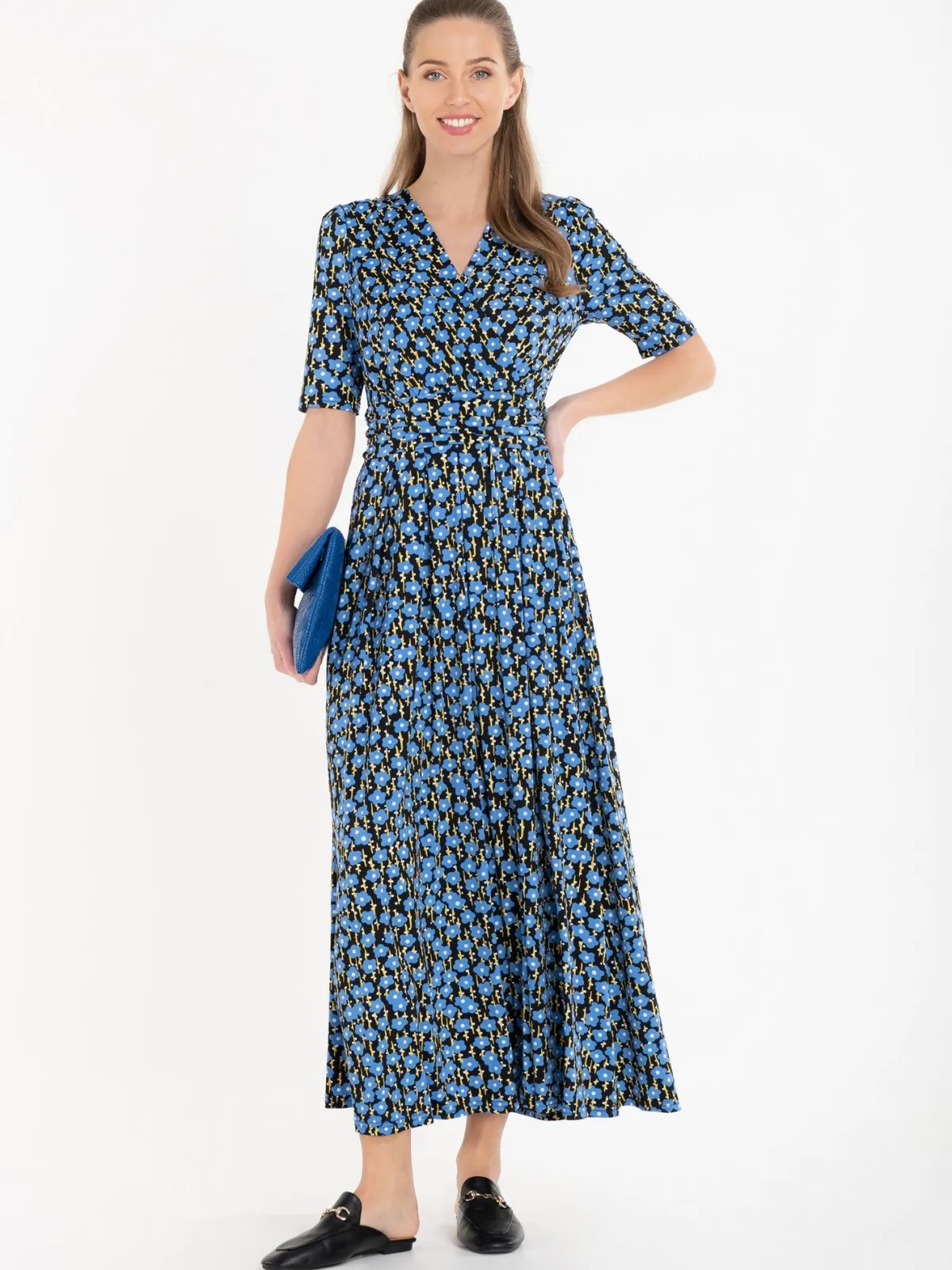 Jolie Moi Occasion Dresses|Floral Dresses-Acadia Floral Print Wrap Maxi Dress, Black Floral