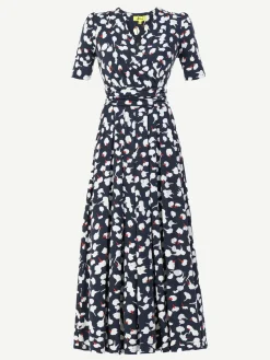 Jolie Moi Occasion Dresses|Floral Dresses-Acadia Floral Print Wrap Maxi Dress, Navy White Floral