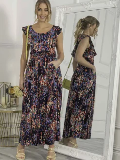 Jolie Moi Occasion Dresses|Jersey Dresses-Adalena Frill Shoulder Maxi Dress, Navy Multi