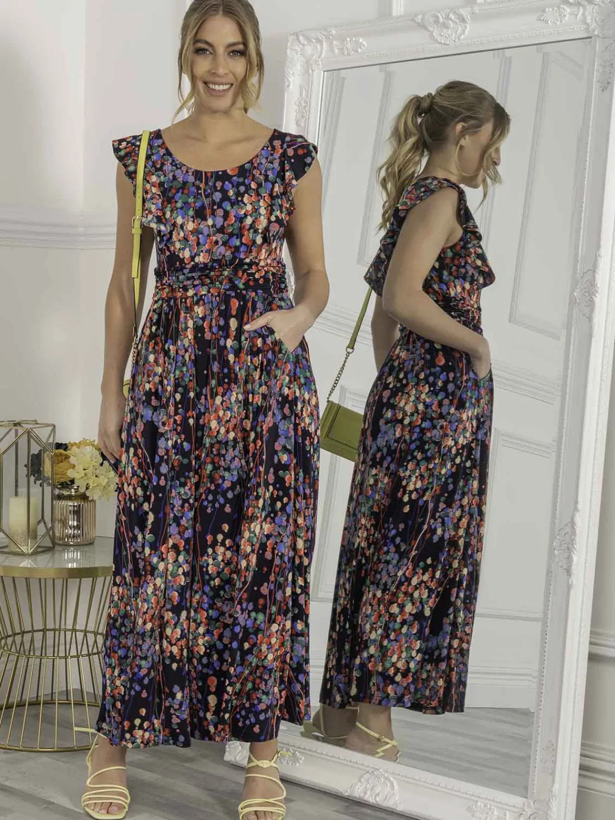Jolie Moi Occasion Dresses|Jersey Dresses-Adalena Frill Shoulder Maxi Dress, Navy Multi