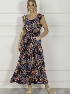 Jolie Moi Occasion Dresses|Jersey Dresses-Adalena Frill Shoulder Maxi Dress, Navy Multi