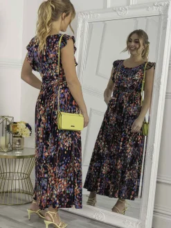 Jolie Moi Occasion Dresses|Jersey Dresses-Adalena Frill Shoulder Maxi Dress, Navy Multi