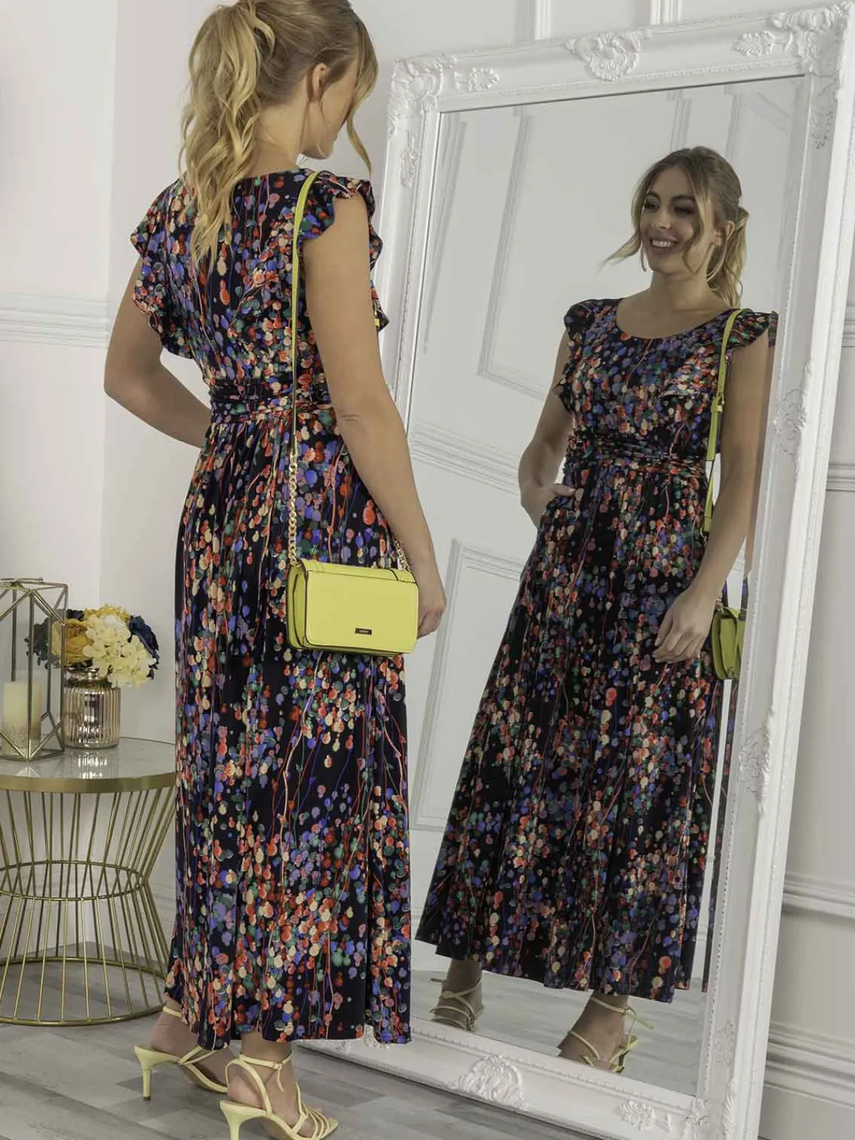 Jolie Moi Occasion Dresses|Jersey Dresses-Adalena Frill Shoulder Maxi Dress, Navy Multi