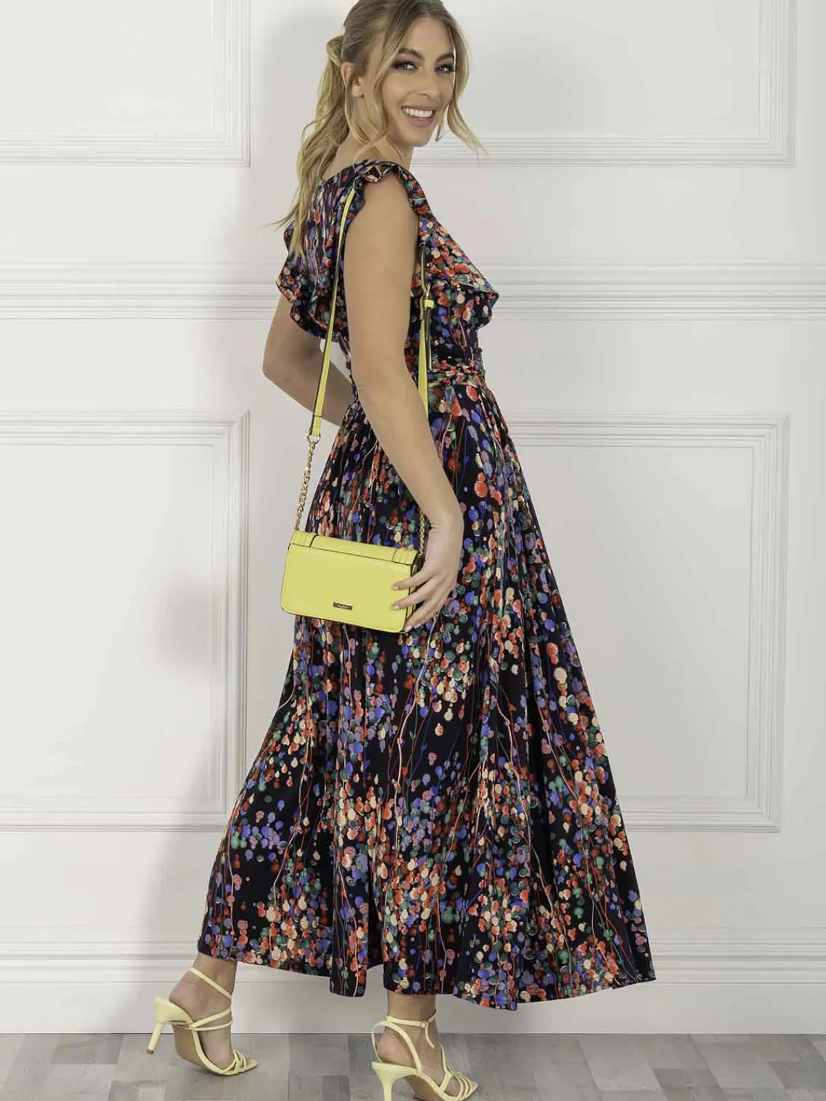 Jolie Moi Occasion Dresses|Jersey Dresses-Adalena Frill Shoulder Maxi Dress, Navy Multi