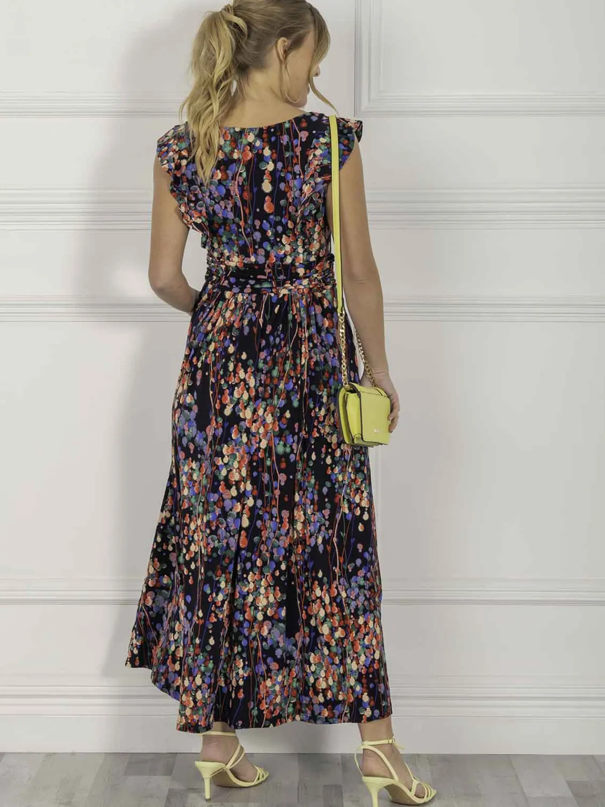 Jolie Moi Occasion Dresses|Jersey Dresses-Adalena Frill Shoulder Maxi Dress, Navy Multi