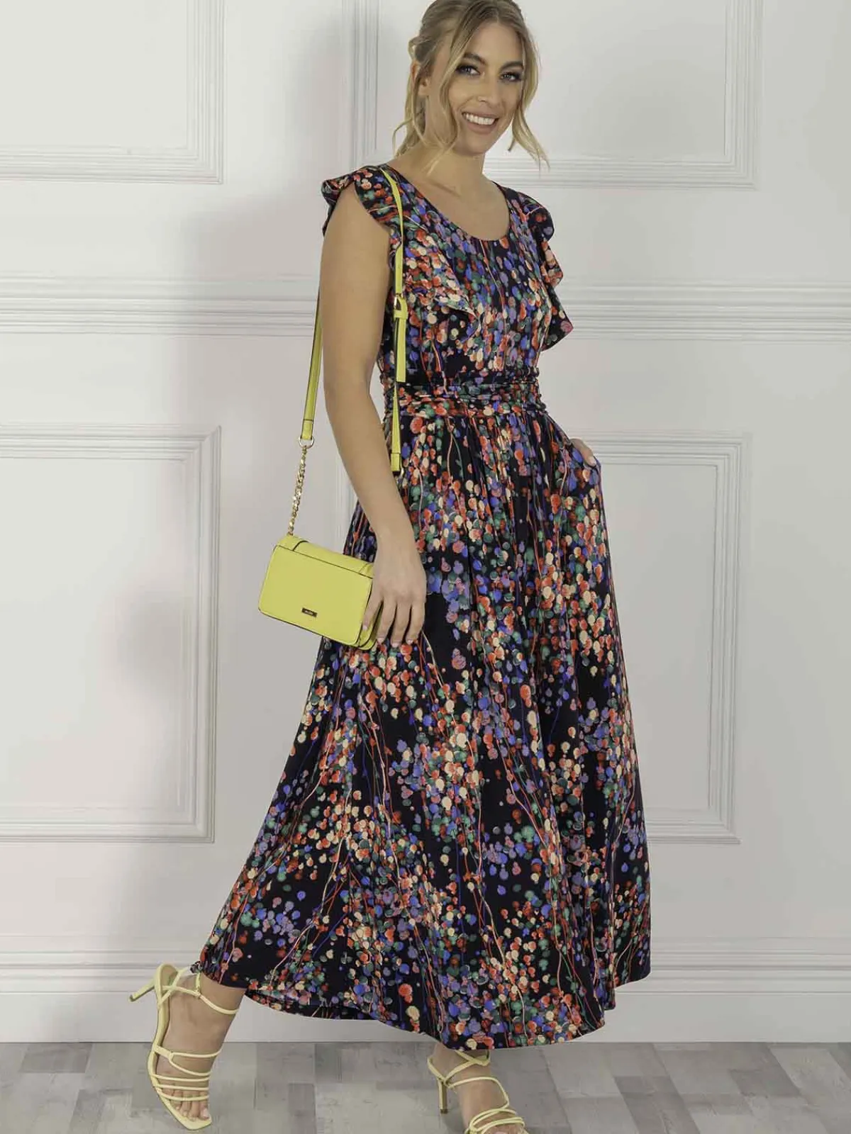 Jolie Moi Occasion Dresses|Jersey Dresses-Adalena Frill Shoulder Maxi Dress, Navy Multi