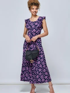 Jolie Moi Occasion Dresses|Jersey Dresses-Adalena Frill Shoulder Maxi Dress, Spot Multi