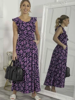 Jolie Moi Occasion Dresses|Jersey Dresses-Adalena Frill Shoulder Maxi Dress, Spot Multi