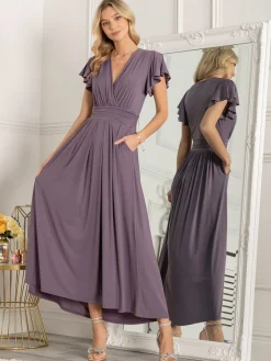 Jolie Moi Occasion Dresses|Jersey Dresses-Airene Cap Sleeve Maxi Dress, Mauve Purple
