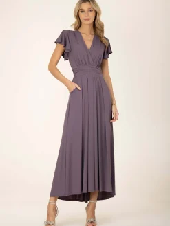 Jolie Moi Occasion Dresses|Jersey Dresses-Airene Cap Sleeve Maxi Dress, Mauve Purple