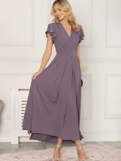 Jolie Moi Occasion Dresses|Jersey Dresses-Airene Cap Sleeve Maxi Dress, Mauve Purple