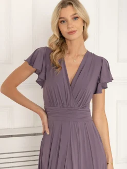 Jolie Moi Occasion Dresses|Jersey Dresses-Airene Cap Sleeve Maxi Dress, Mauve Purple