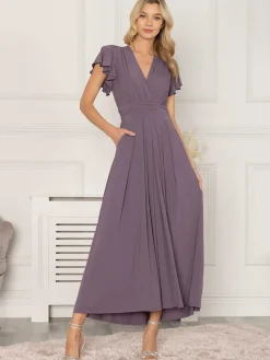 Jolie Moi Occasion Dresses|Jersey Dresses-Airene Cap Sleeve Maxi Dress, Mauve Purple