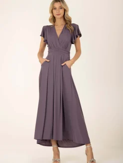 Jolie Moi Occasion Dresses|Jersey Dresses-Airene Cap Sleeve Maxi Dress, Mauve Purple