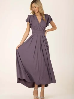 Jolie Moi Occasion Dresses|Jersey Dresses-Airene Cap Sleeve Maxi Dress, Mauve Purple