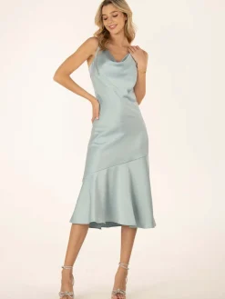 Jolie Moi Occasion Dresses|Sleeveless Dresses-Alaysha Cowl Neck Satin Dress, Dusky Blue