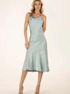 Jolie Moi Occasion Dresses|Sleeveless Dresses-Alaysha Cowl Neck Satin Dress, Dusky Blue
