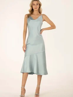 Jolie Moi Occasion Dresses|Sleeveless Dresses-Alaysha Cowl Neck Satin Dress, Dusky Blue