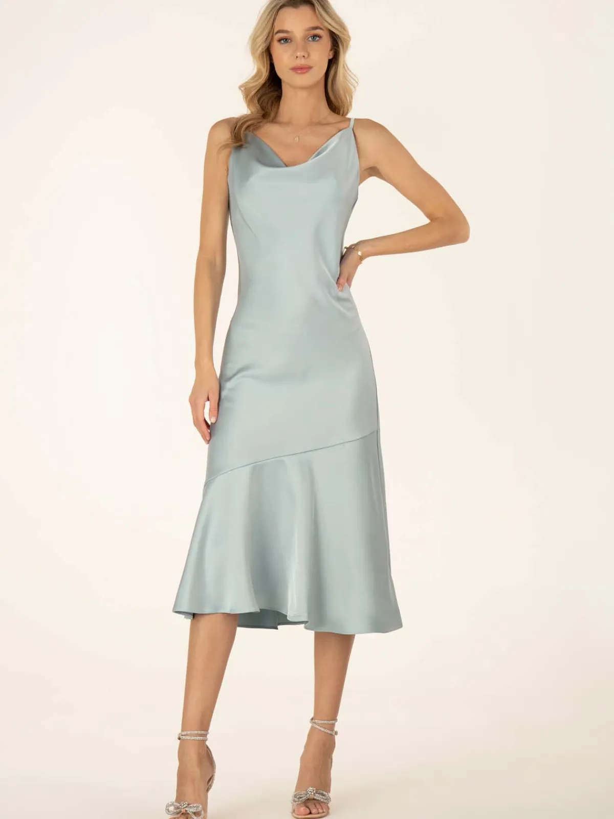 Jolie Moi Occasion Dresses|Sleeveless Dresses-Alaysha Cowl Neck Satin Dress, Dusky Blue