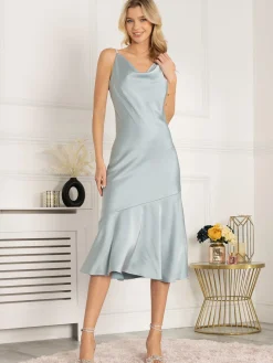 Jolie Moi Occasion Dresses|Sleeveless Dresses-Alaysha Cowl Neck Satin Dress, Dusky Blue