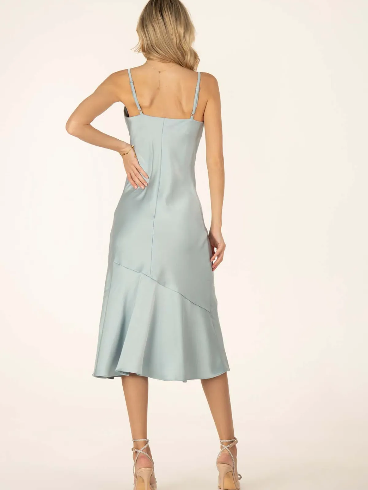 Jolie Moi Occasion Dresses|Sleeveless Dresses-Alaysha Cowl Neck Satin Dress, Dusky Blue