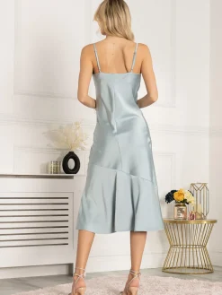 Jolie Moi Occasion Dresses|Sleeveless Dresses-Alaysha Cowl Neck Satin Dress, Dusky Blue
