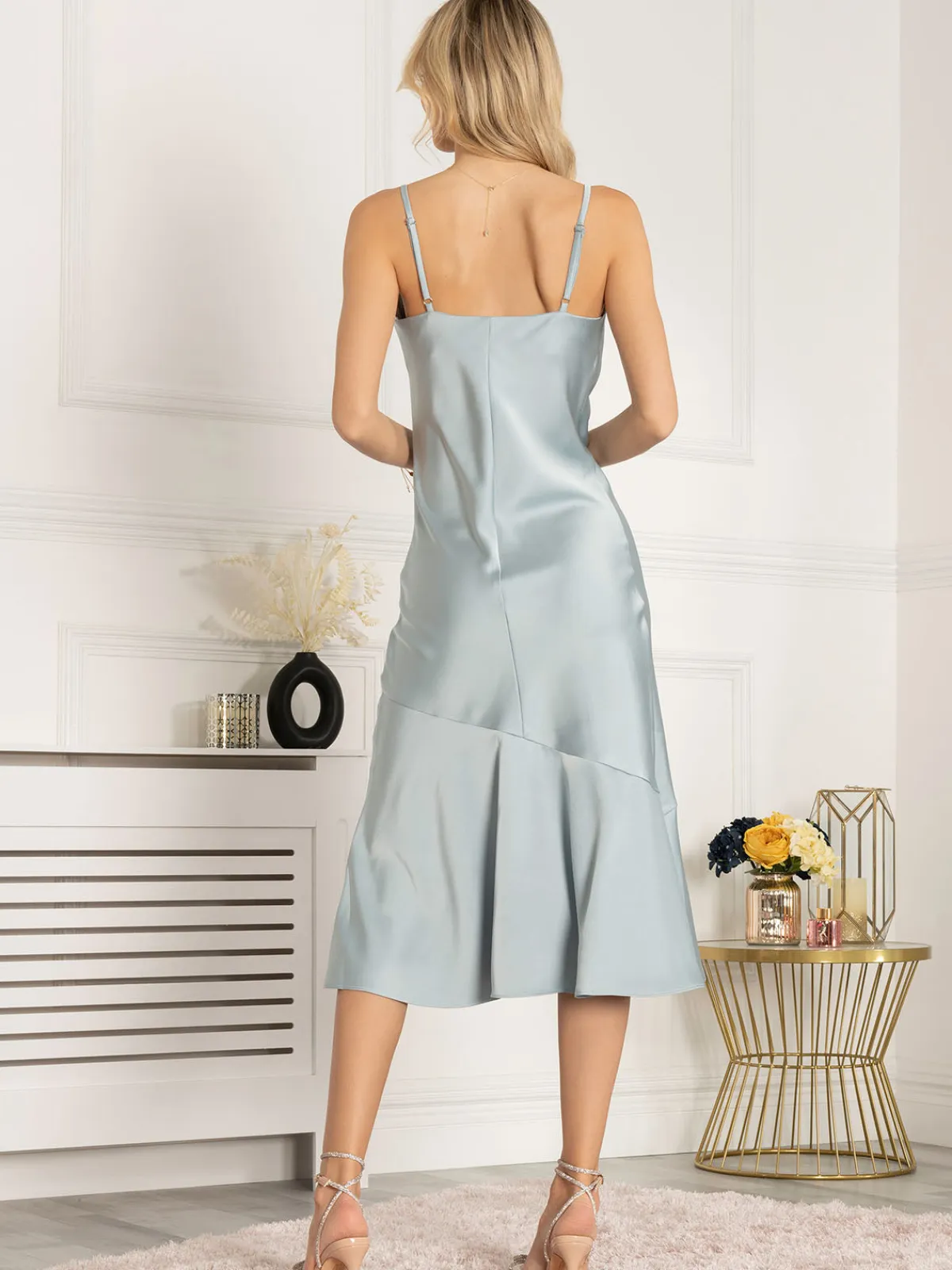 Jolie Moi Occasion Dresses|Sleeveless Dresses-Alaysha Cowl Neck Satin Dress, Dusky Blue